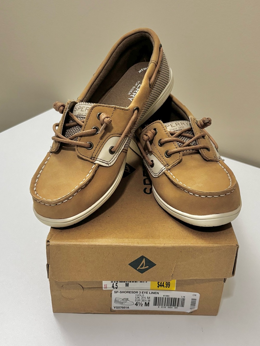 Sperry Shoresiders Kids Linen/Tan 3 eye Leather Slip on Boat Shoes w/White Trim
